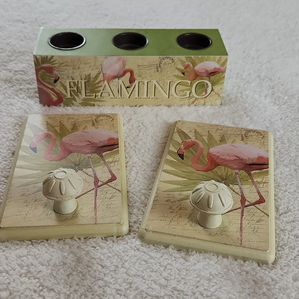 FLAMINGO tea light holder and wall  hangers. Pink green and cream.  So pretty!